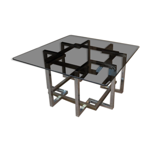 Table basse en metal chromé et verre fumé 1970