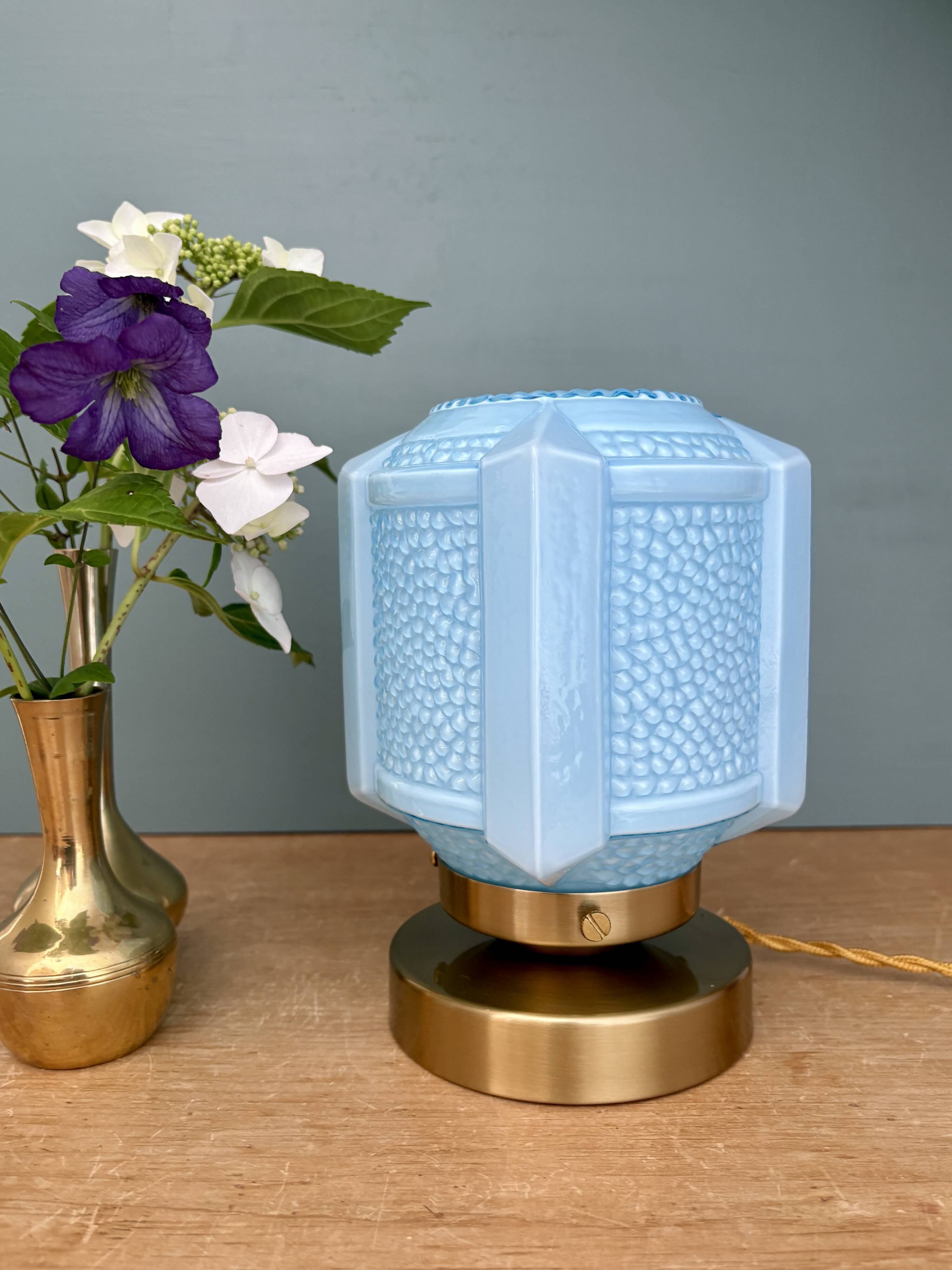Vintage art deco globe table lamp in blue opaline