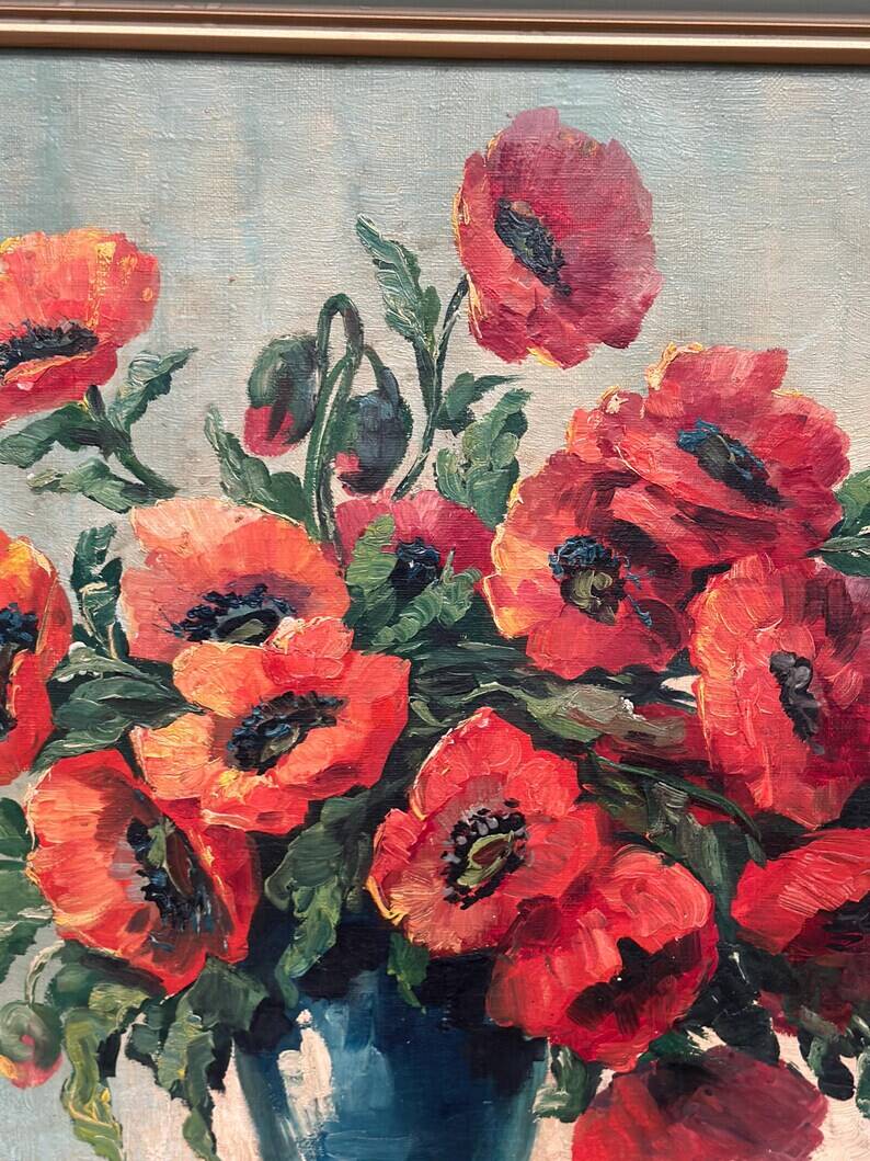 Original Swedish Oil on Canvas – "Red Poppies in a Blue Vase" by C. Horst – Signed – Vintage and Framed – 72 × 62 cm (28.3" × 24.4")