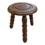 Vintage tripod low stool with carved solid wood legs