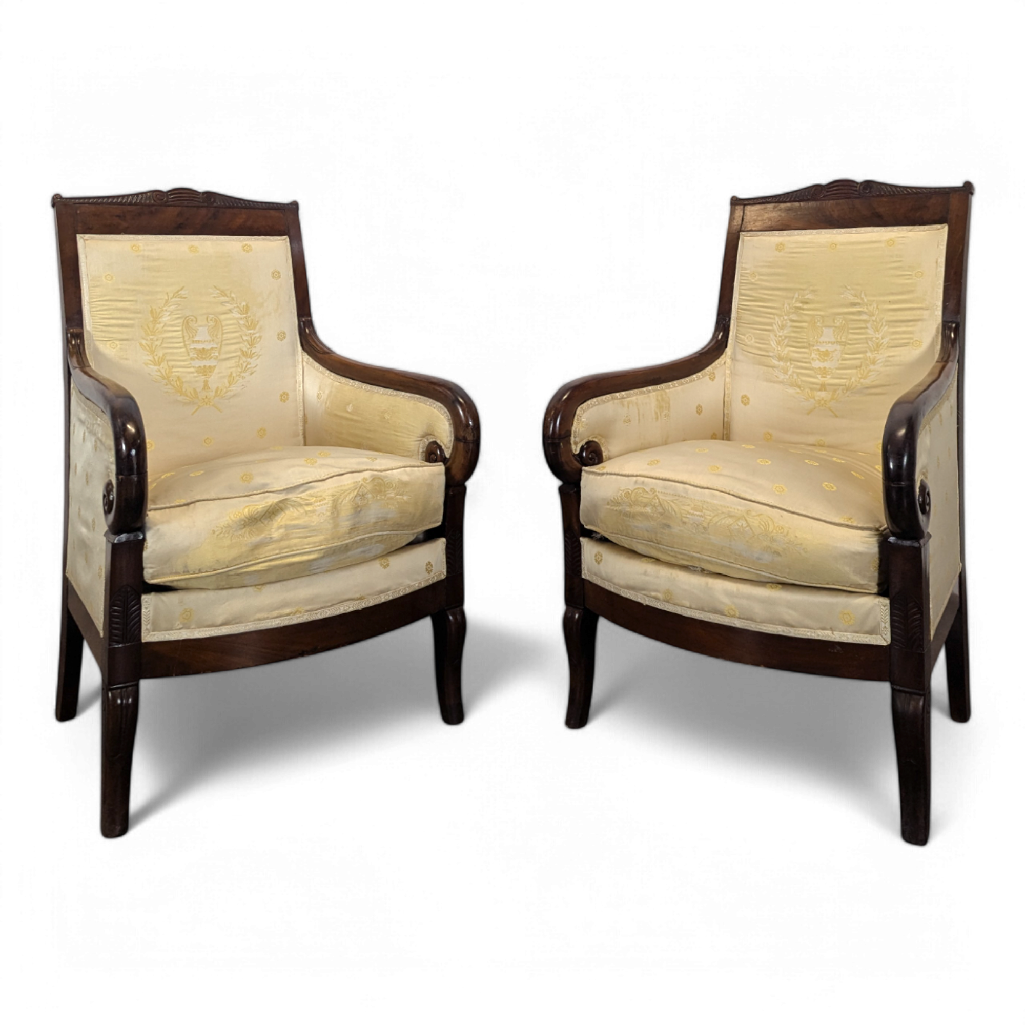 Pair of Restoration period armchairs with cabriole legs.