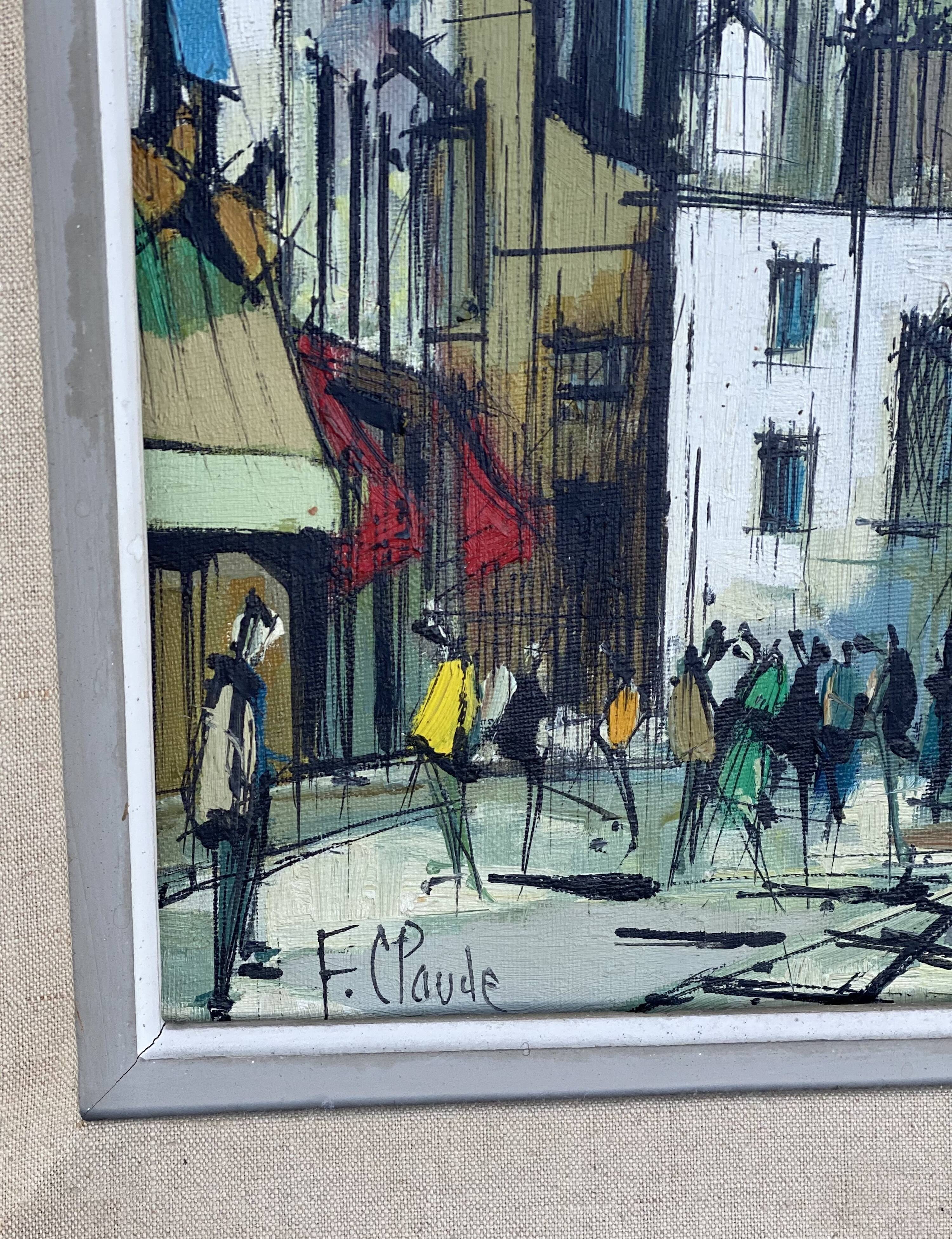Painting by Fabien CLAUDE, lively Paris street in Montmartre, vintage 1960