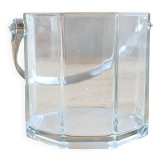 Vintage glass ice bucket with chrome handle.