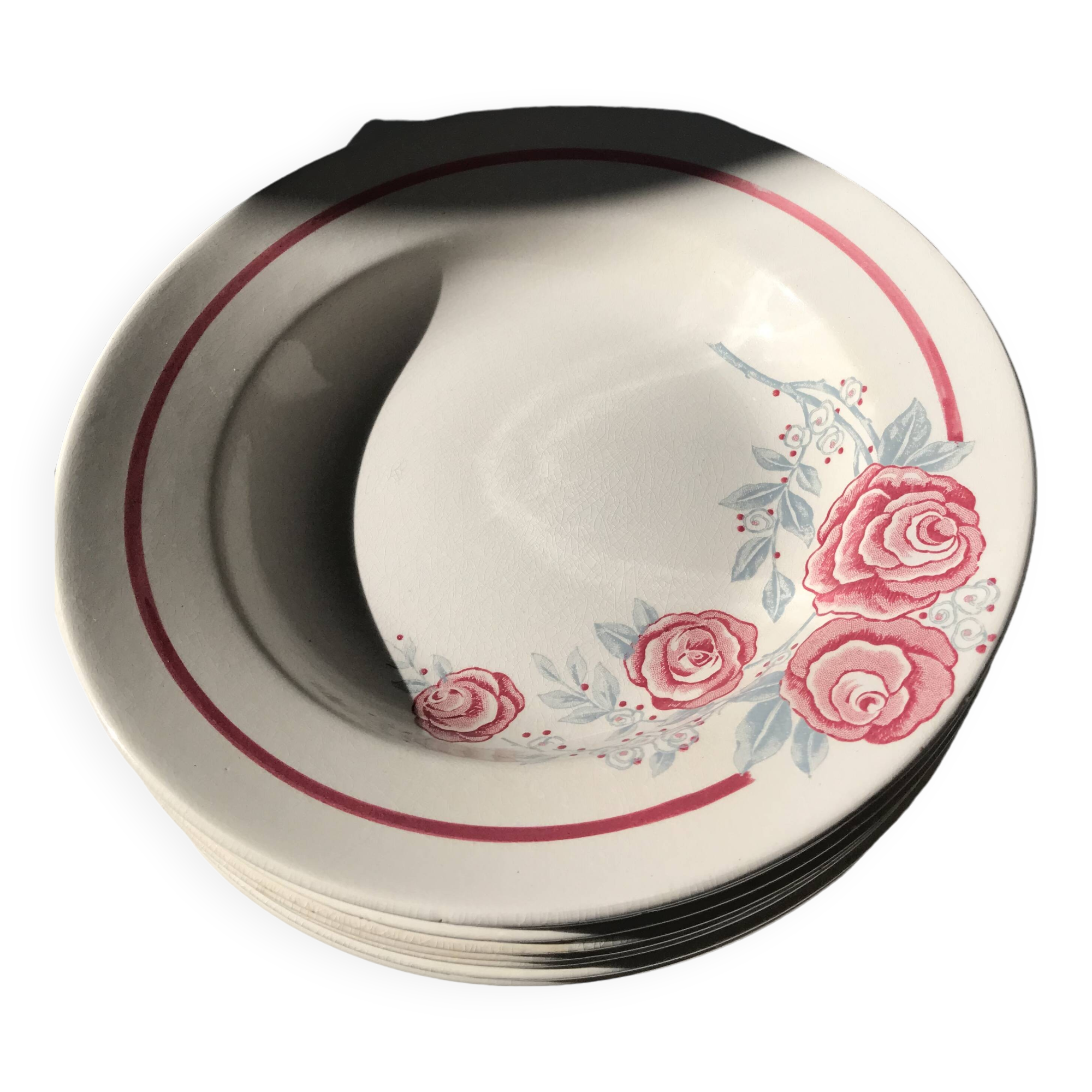 8 vintage Avranches earthenware plates decorated with roses