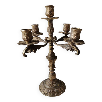 Old Large Baroque/Rocaille style candlestick. 5 sconces. Solid brass. 34 x 26 cm