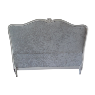 Headboard style Louis XV patinated gray pearl powdery white, upholstered with a gray velvet