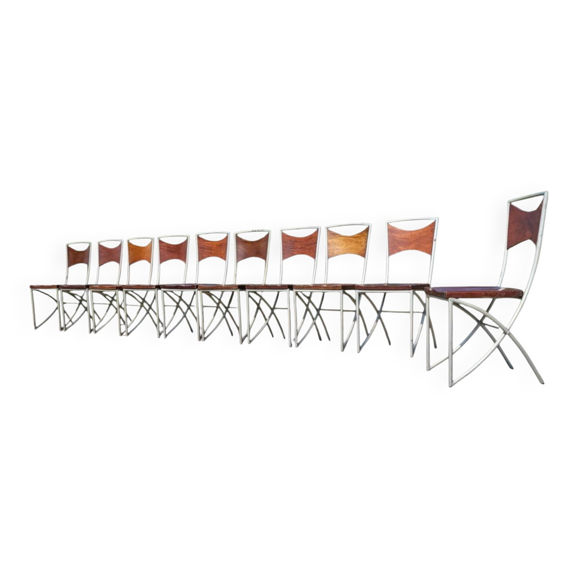 Set of 10 tubular oak bistro dining chairs in vintage industrial style.