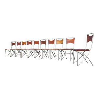 Ensemble de 10 chaises de salle à manger bistro tubulaires en chêne de style industriel vintage