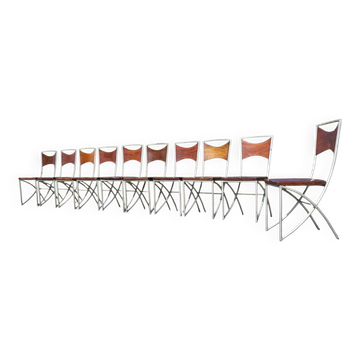 Set of 10 tubular oak bistro dining chairs in vintage industrial style.