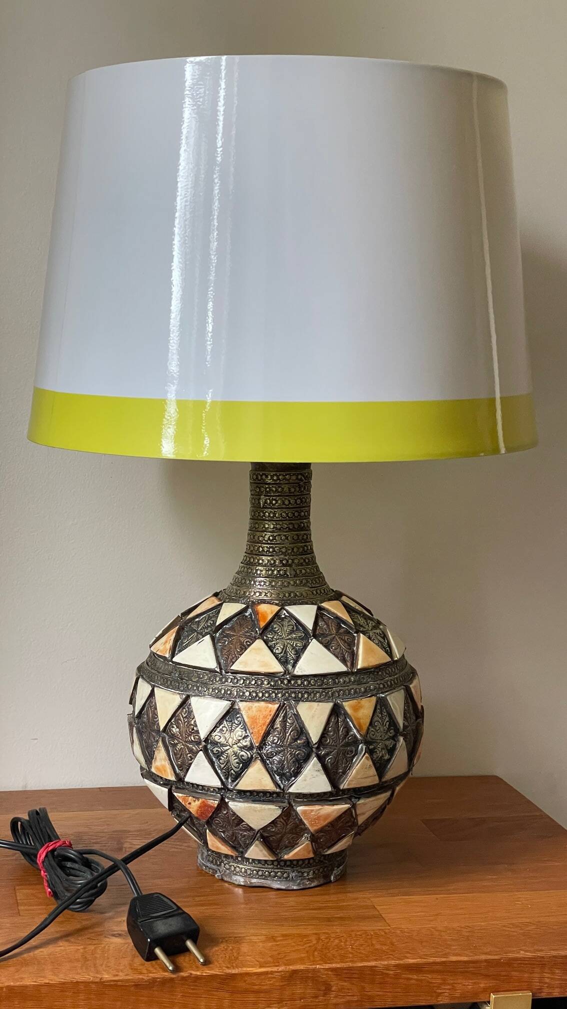 Vintage handcrafted lamp, pottery and silver-plated metal