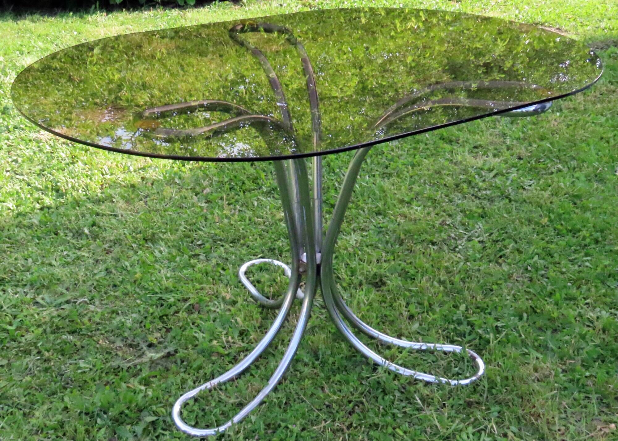 Giotto Stoppino Vintage Italian Smoked Glass and Chrome Oval Table