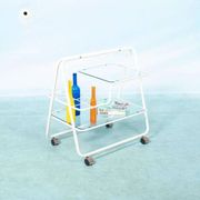 Space age dessert trolley from the 1970s, with metal tubes and glass trays.