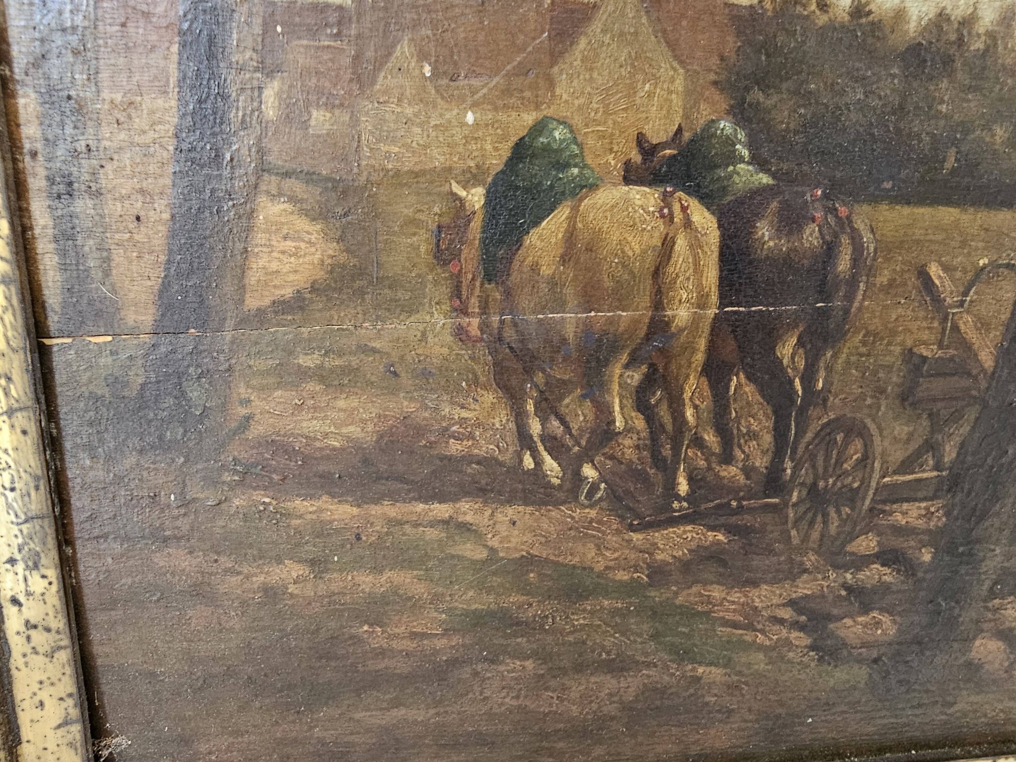Tableau, huile panneau - Paysage champêtre, scène de labour, signé Plaisant, XIXème s.