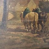 Oil painting panel - Countryside landscape Ploughing scene Signed Plaisant XI
