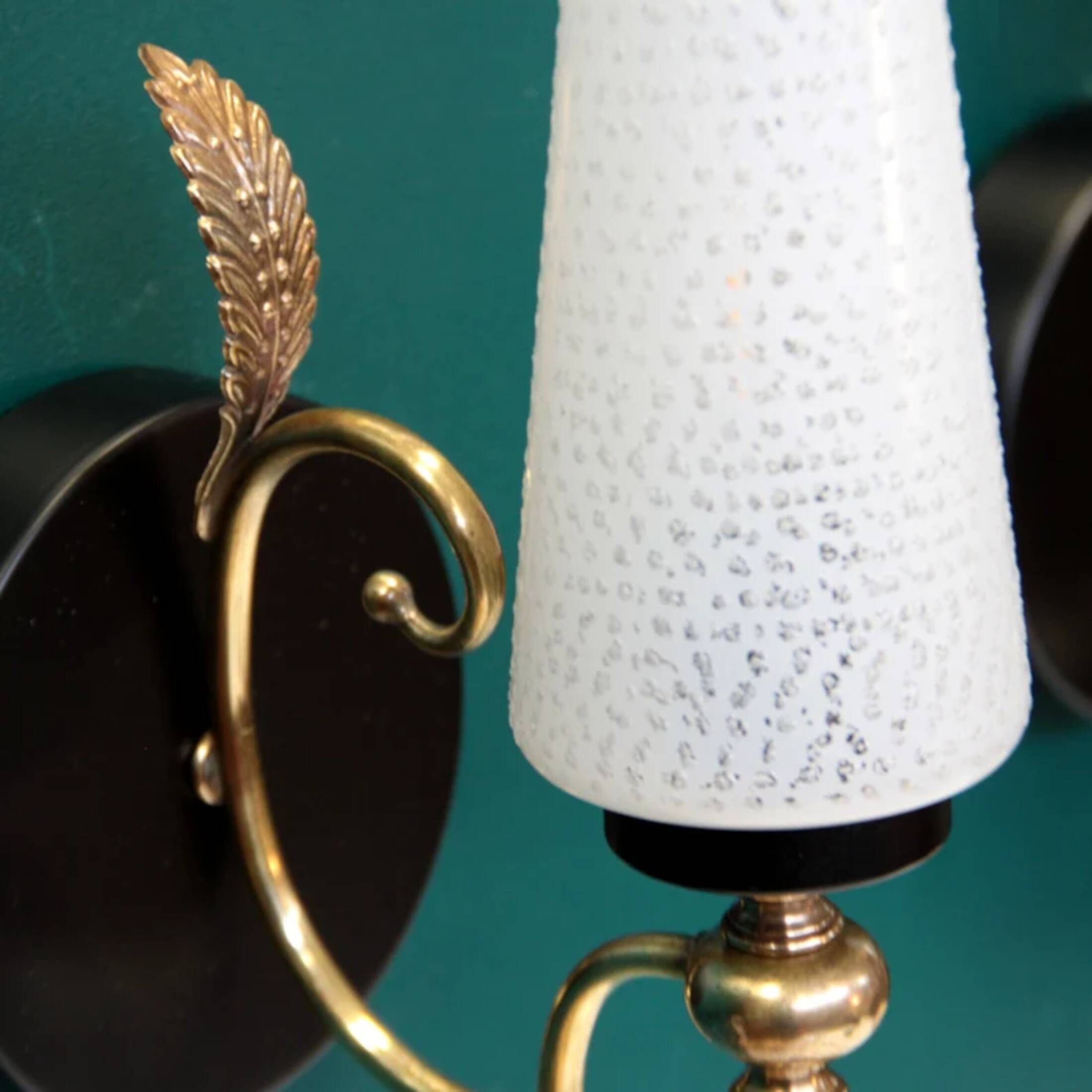Pair of brass wall lights and speckled white glass tulips LAMP-6019
