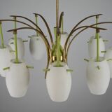 Midcentury 9-Arm Brass Chandelier with  Lacquer & Opaline Glass. Italy 1950