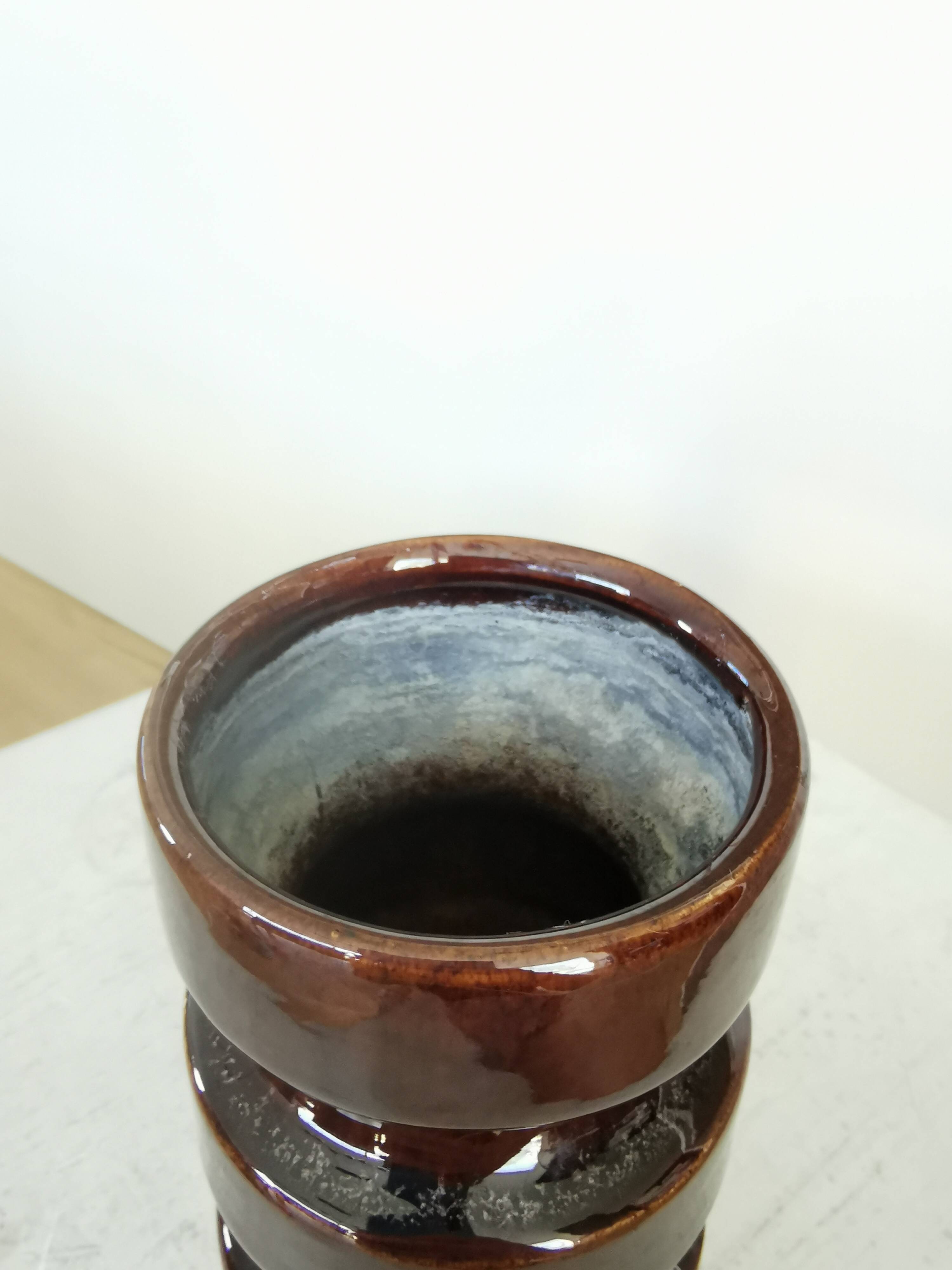 Mid-Century Modern Ceramic Vase: Glossy Brown West German Style, 6.3" Tall