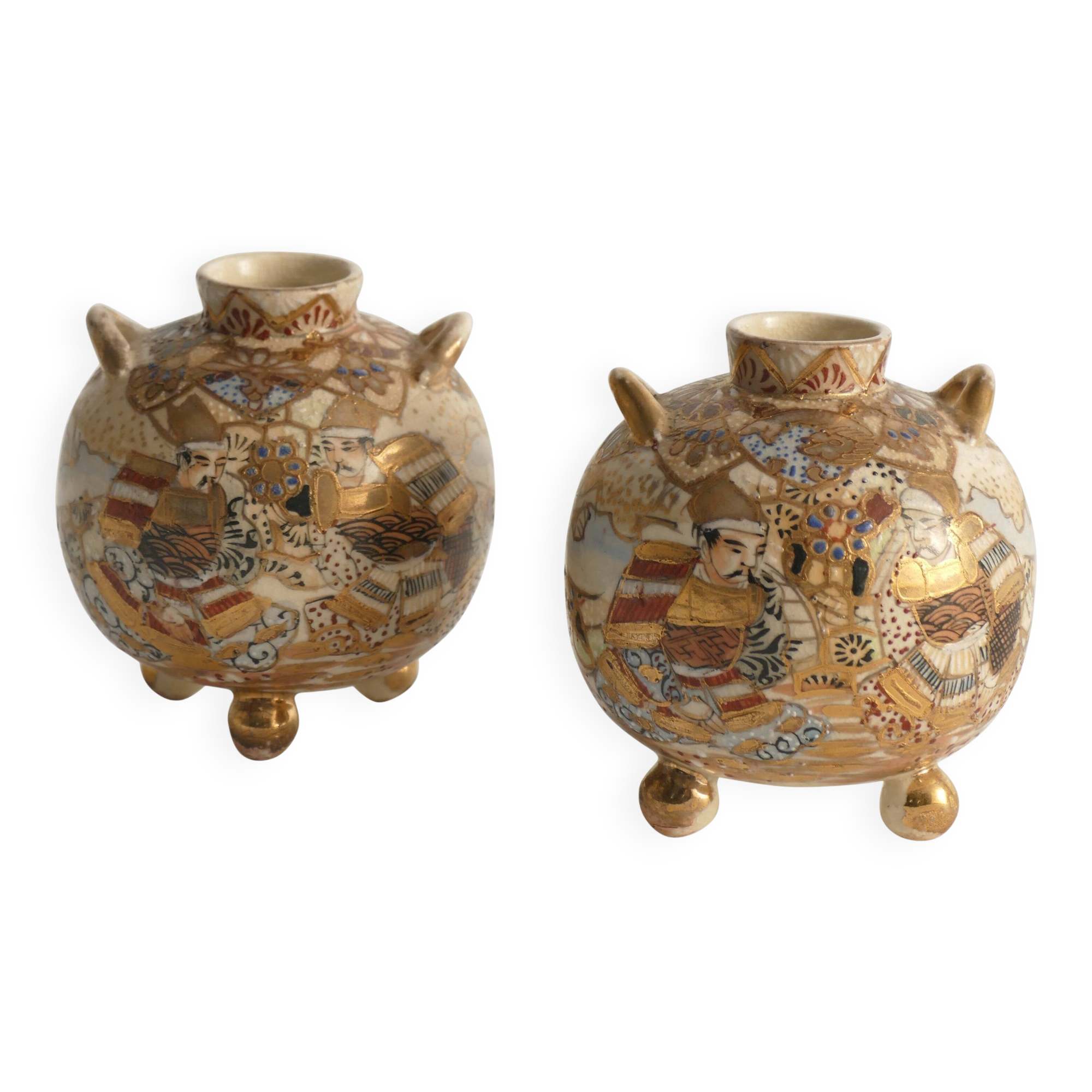 Satsuma Earthenware Vases, Hand-Painted Polychrome, Japan, Set of 2