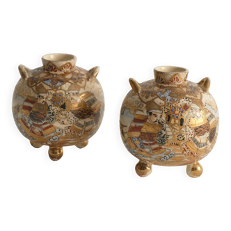 Satsuma Earthenware Vases, Hand-Painted Polychrome, Japan, Set of 2