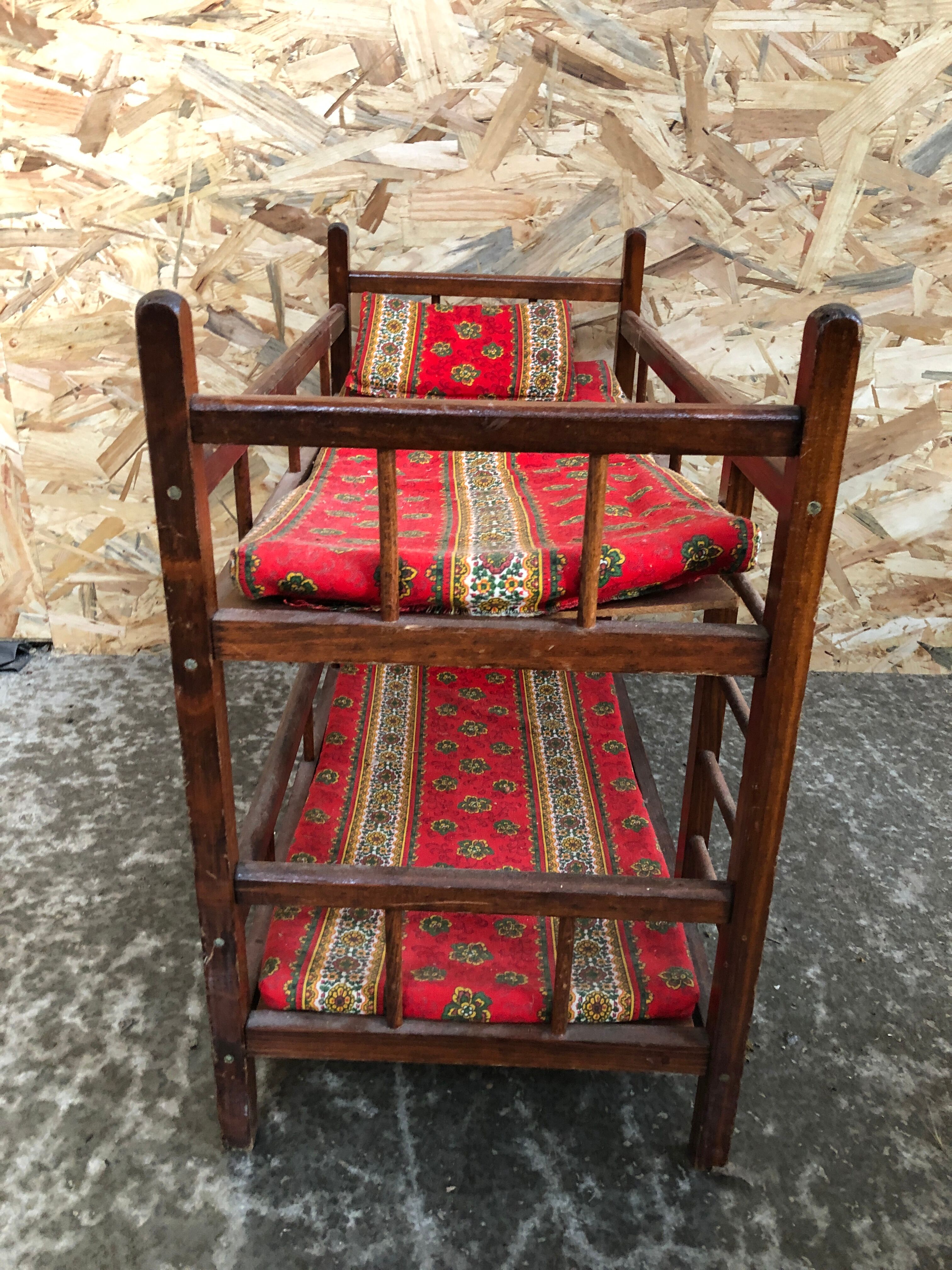 Old bunk bed doll wood + mattresses & cushions vintage fabric