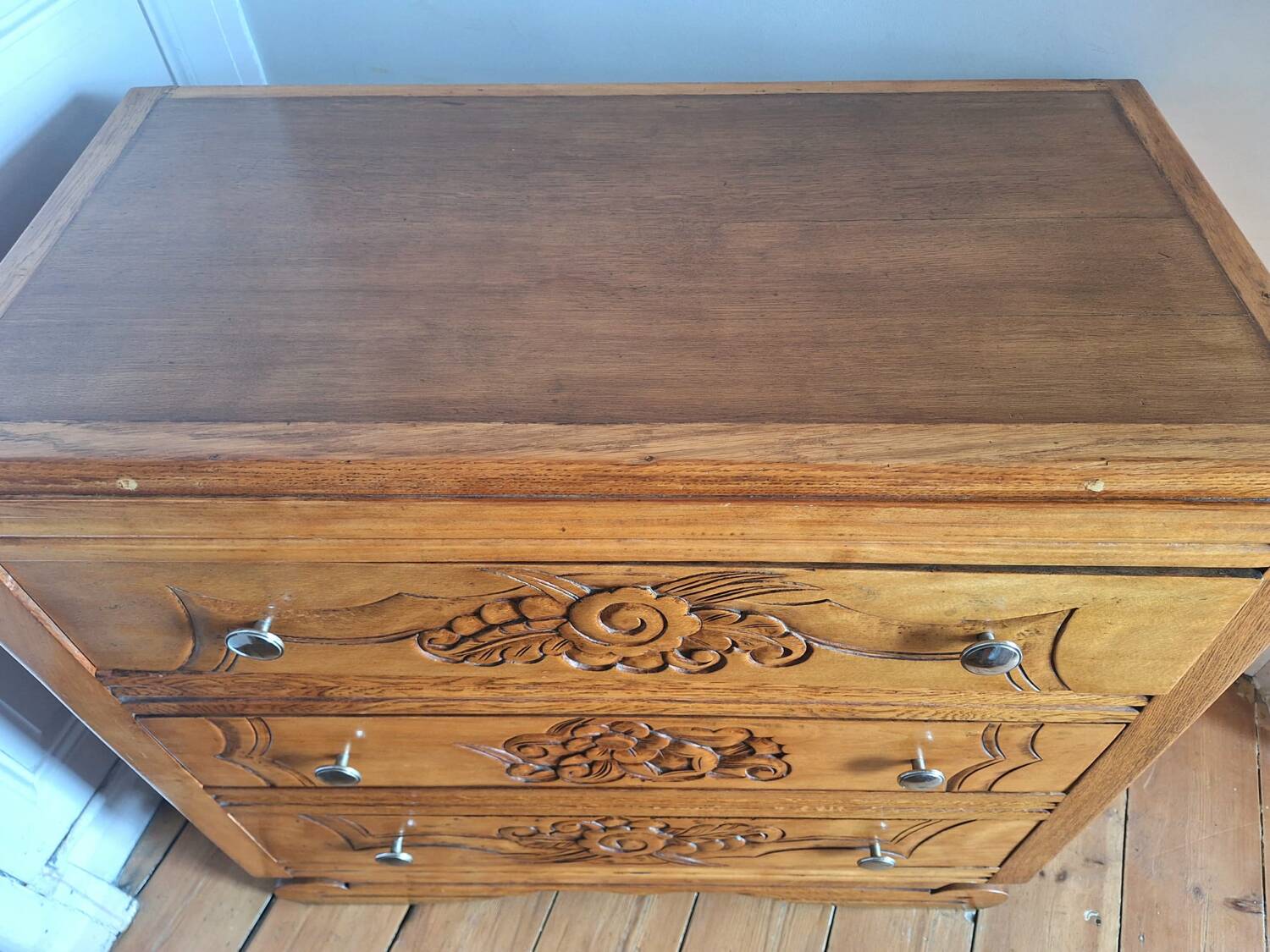 Art deco chest of drawers with wooden top, vintage antique furniture