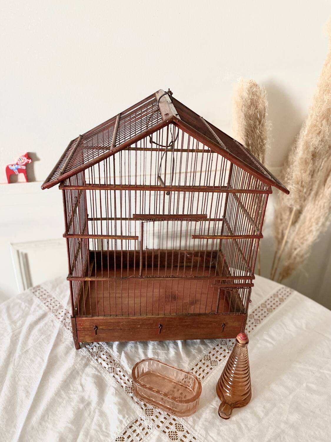 Antique wooden and steel birdcage