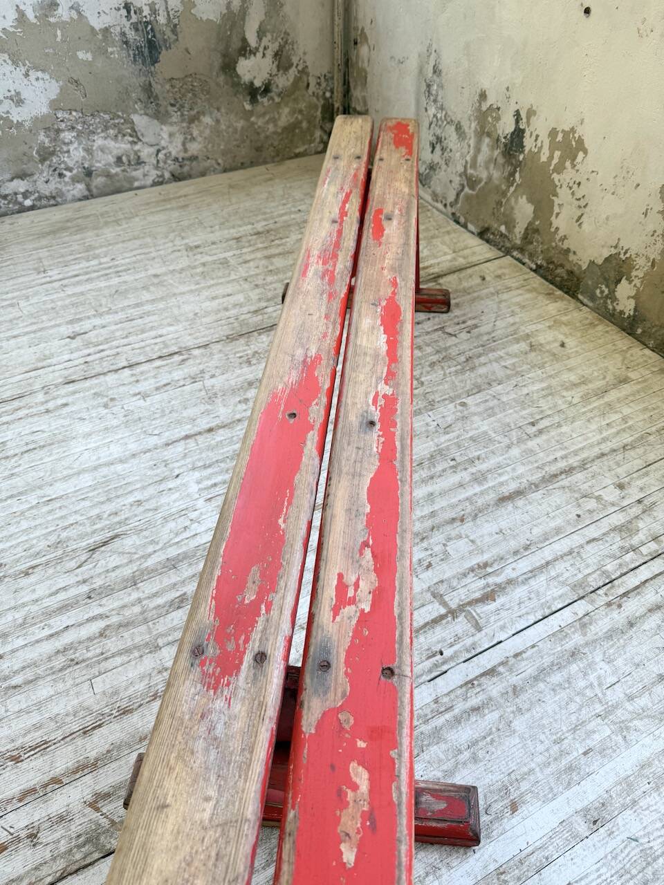 1950s oak bench with red patina, 2m
