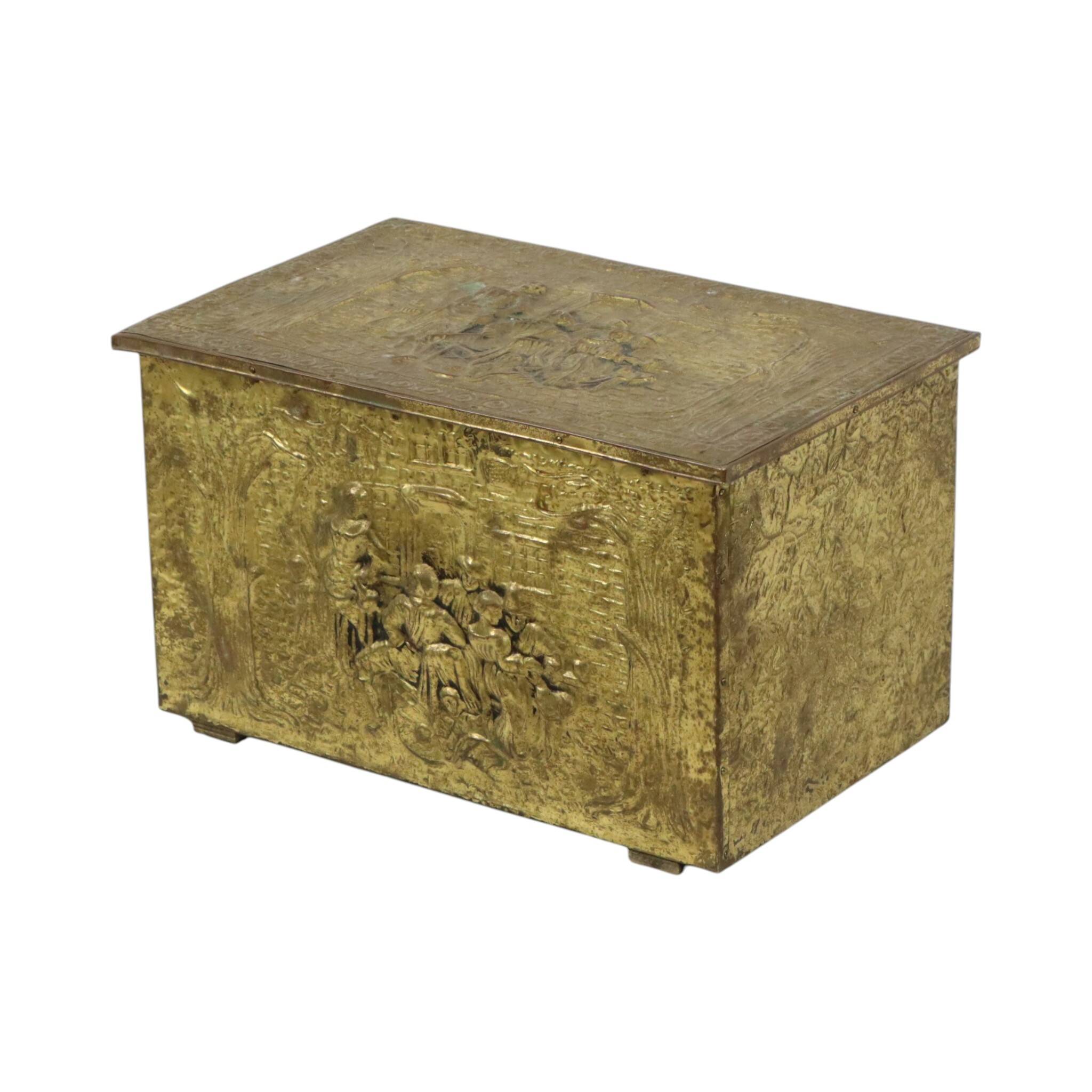Large Repoussé Chest Coal Fireplace Brass Wood Early 20th Century