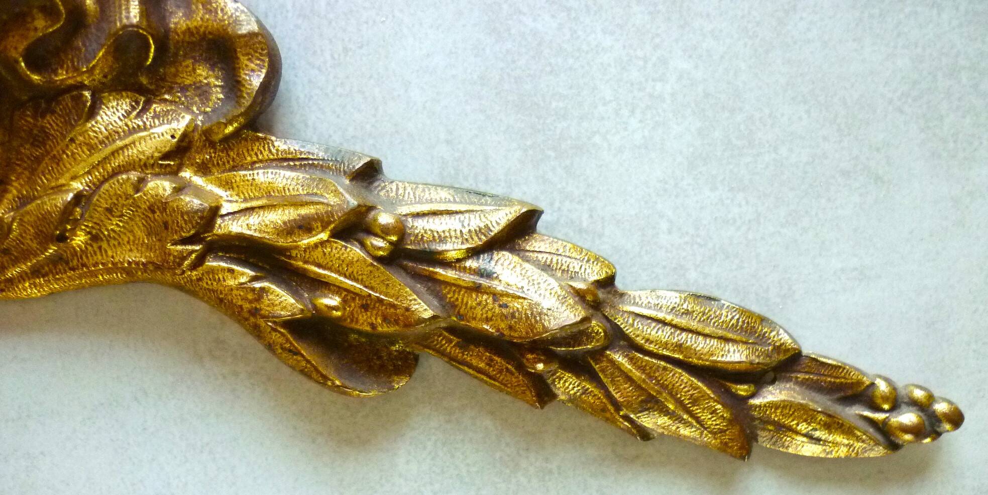 Antique gilt bronze pediment, furniture decoration, mirror, signed JF