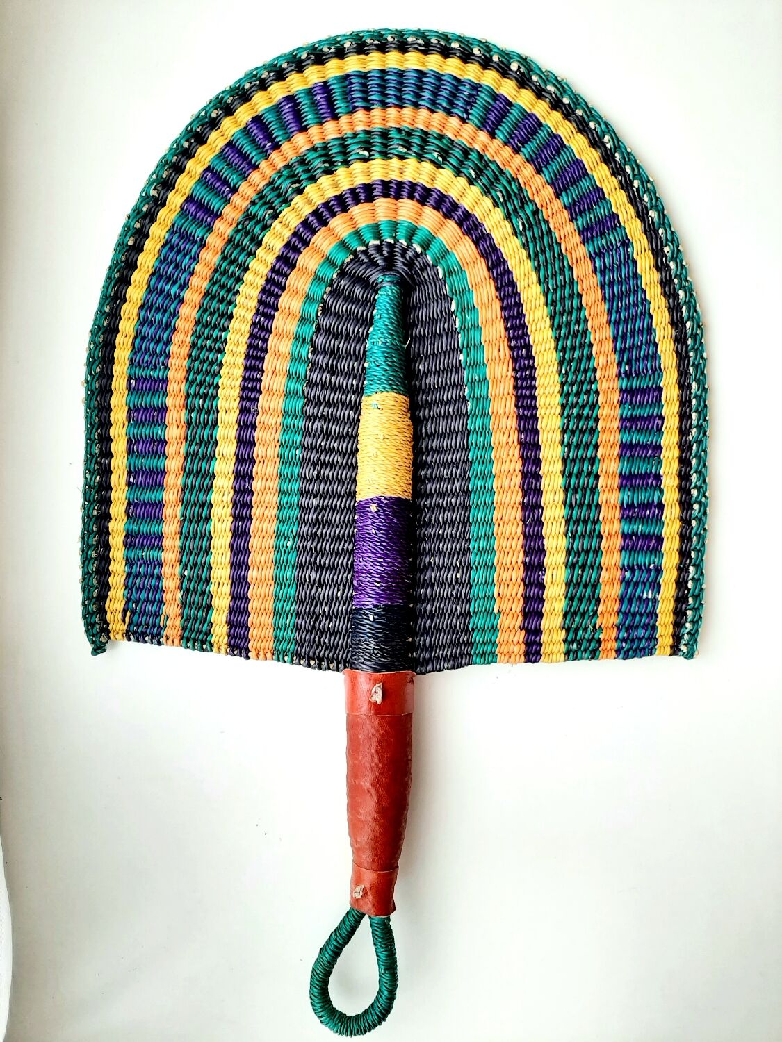 Bolga African fan, woven purple orange yellow green black