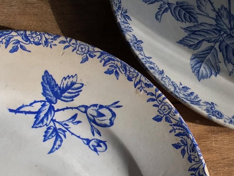 2 flat plates mismatched iron earth with blue flower motifs France