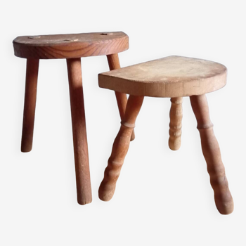 Duo of half-moon tripod farm stools, brutalist, 1940