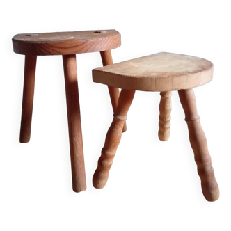 Duo of half-moon tripod farm stools, brutalist, 1940
