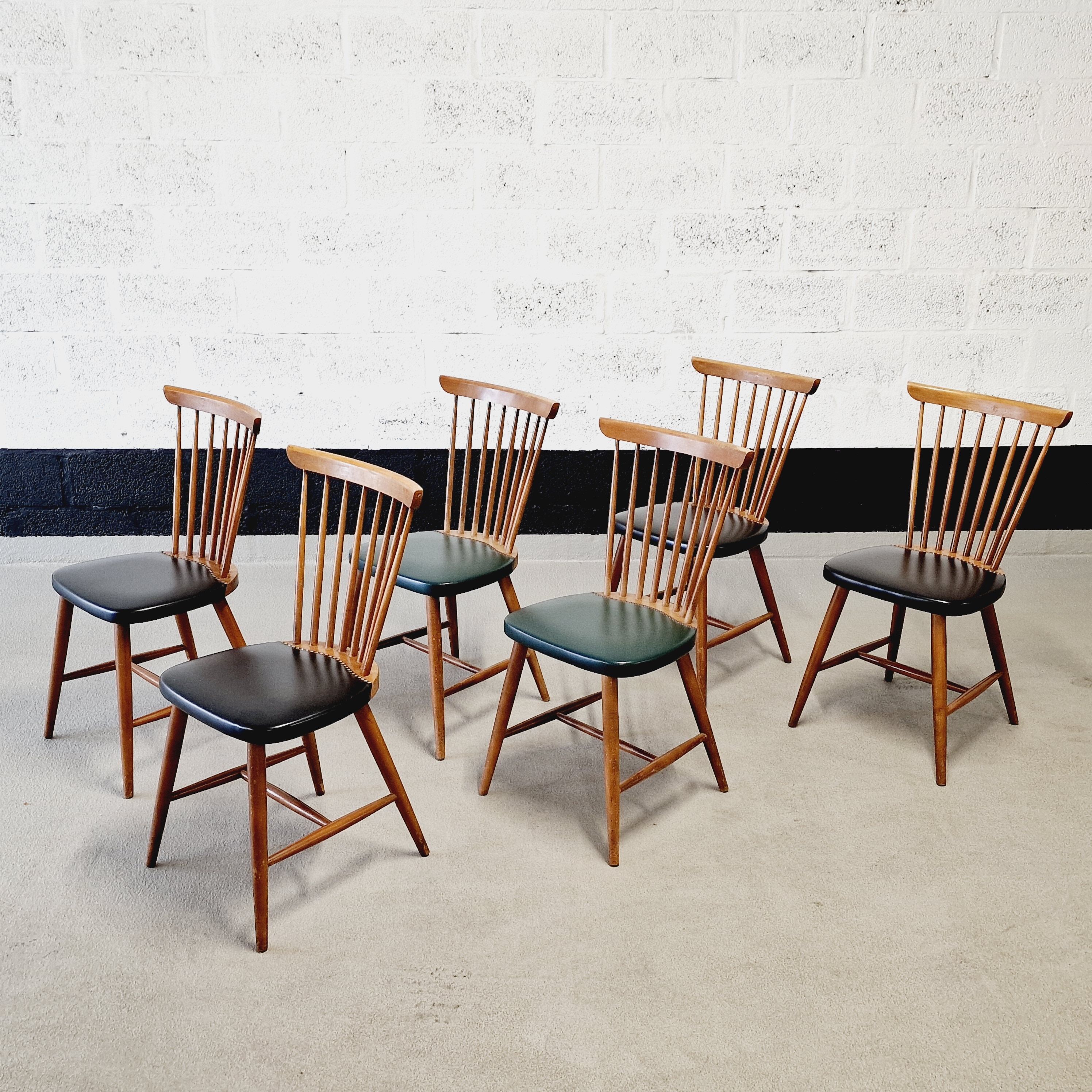 6 scandinavian wood & vinyl chairs, 1960s