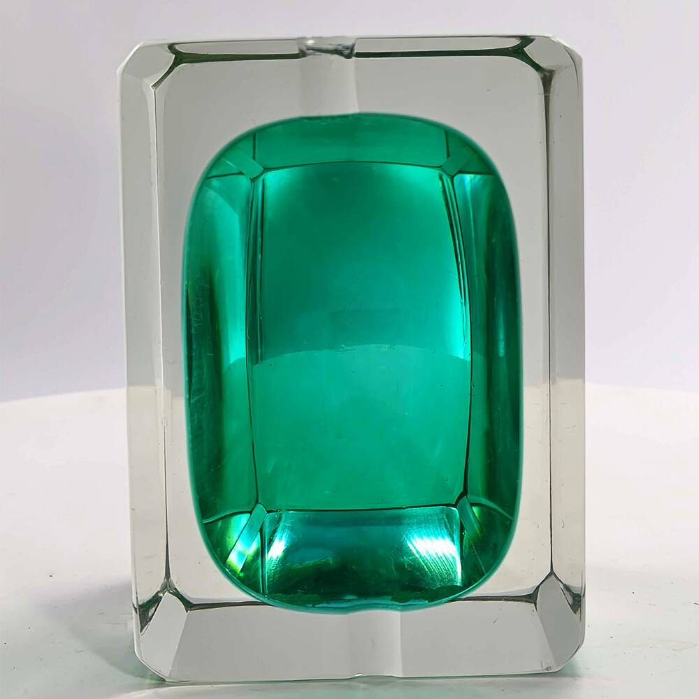 1960s Rare Rectangular Uranium Multifaceted Ashtray in Murano Glass