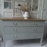 Green green vintage chest of drawers of gray, wood top.