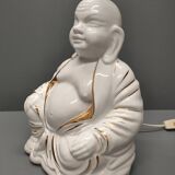 Seated Buddha lamp base ~ glazed and gold white ceramic ~ 80s