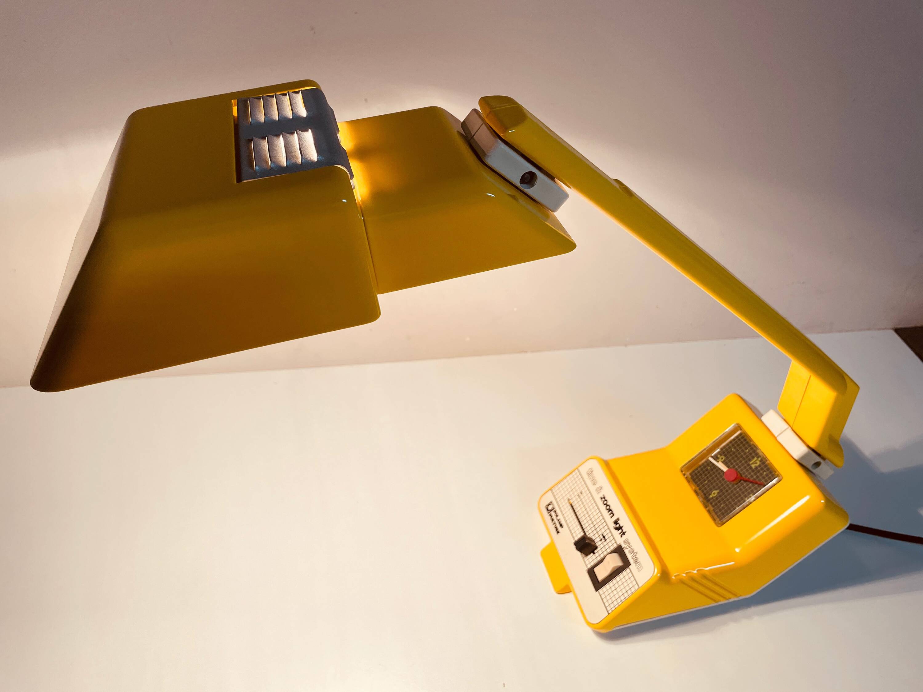 Yellow desk lamp with clock Polam Pułtusk, lata 80.