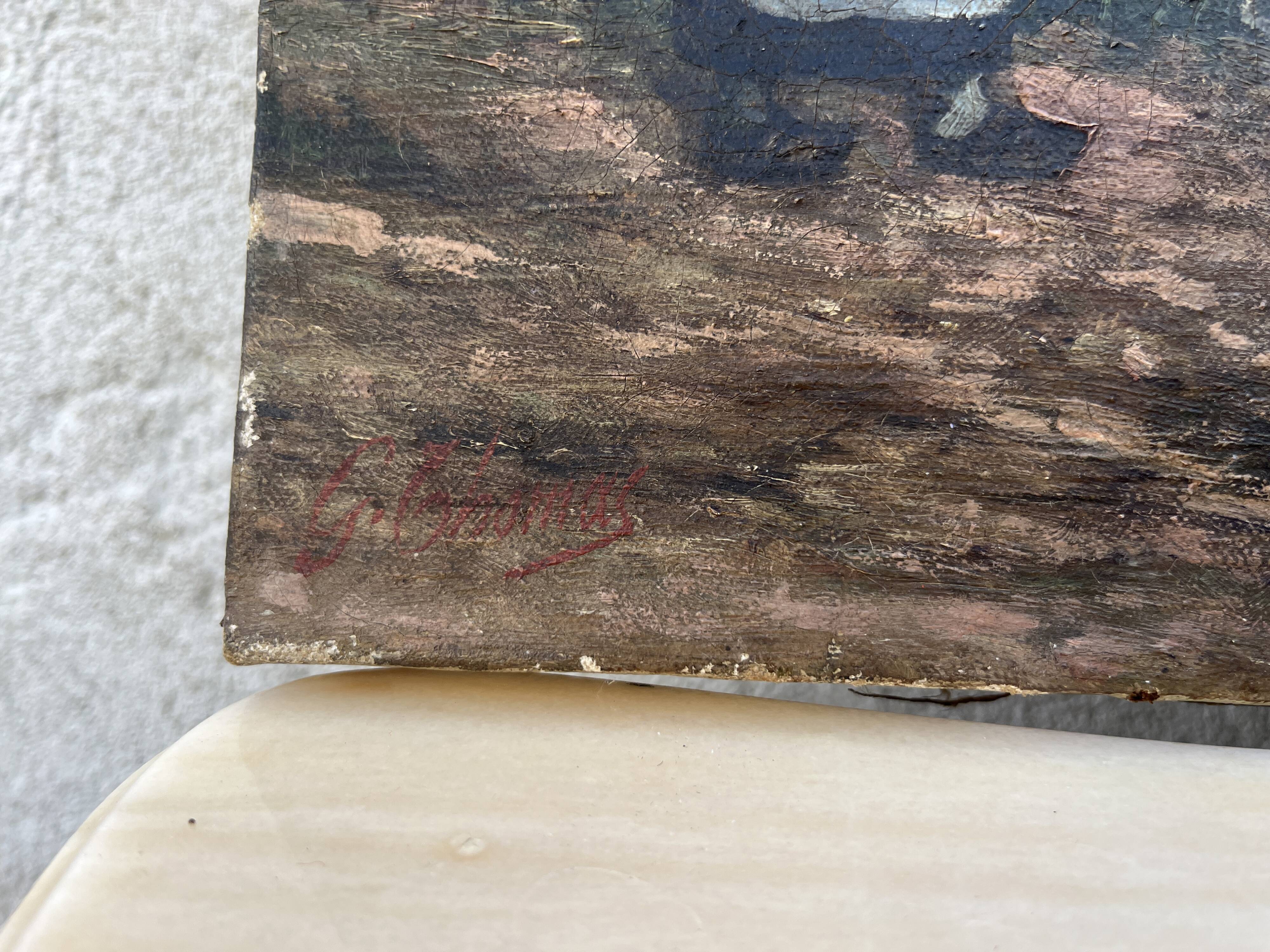 Old painting signed G. Thomas ? Cows at the watering place » (1906)