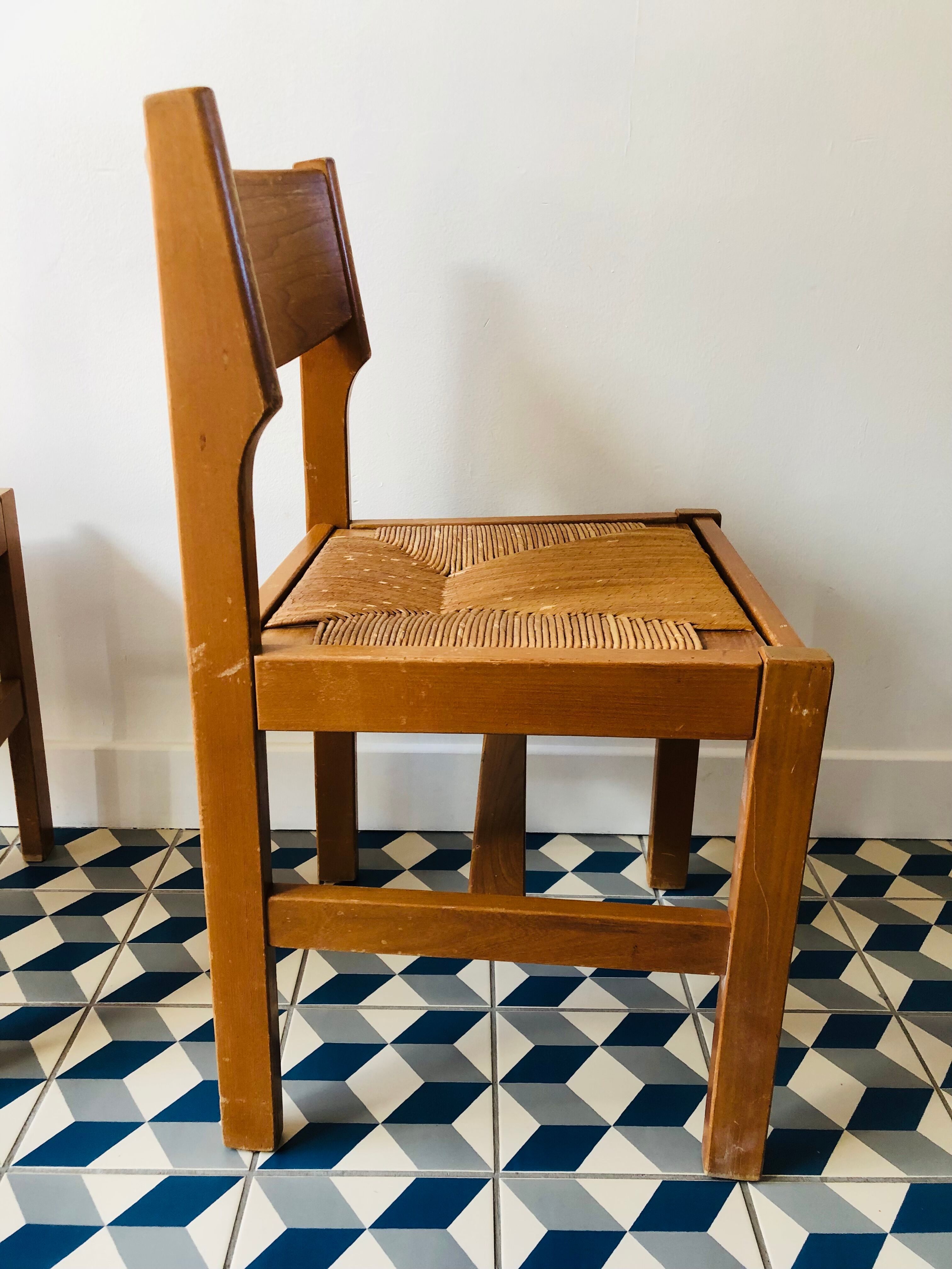 4 vintage pine chairs sitting straw
