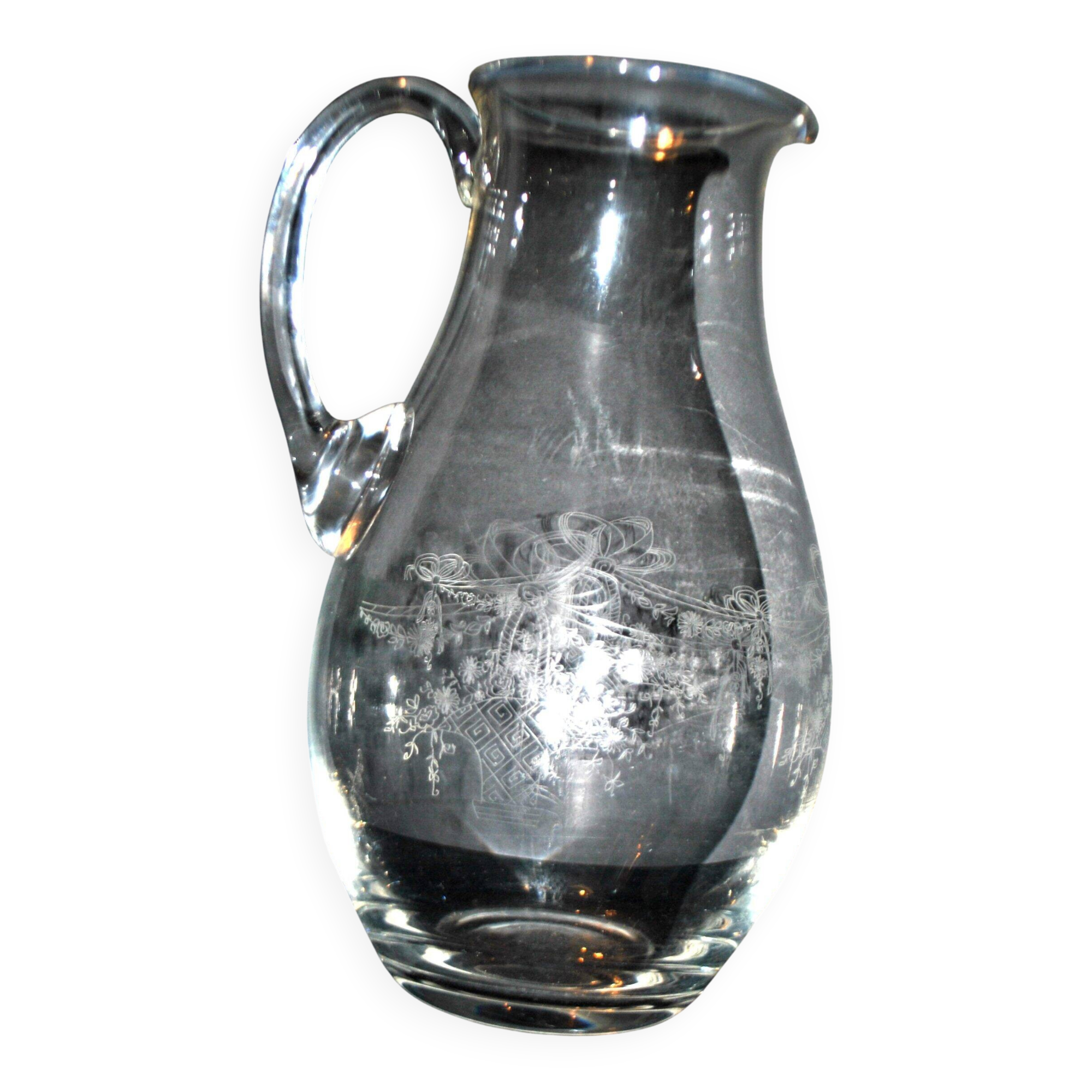 Antique Louis XVI ribbon basket carafe pitcher acid etching pantogravure