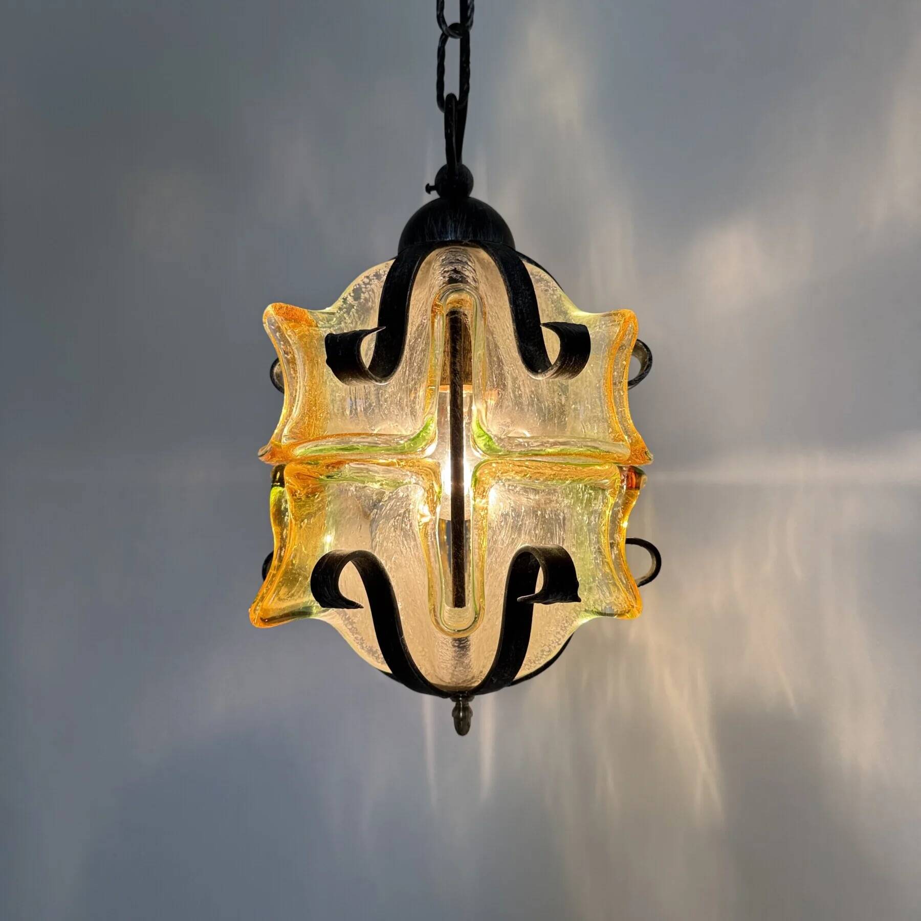 Brutalist glass and iron hanging lamp, 1970s