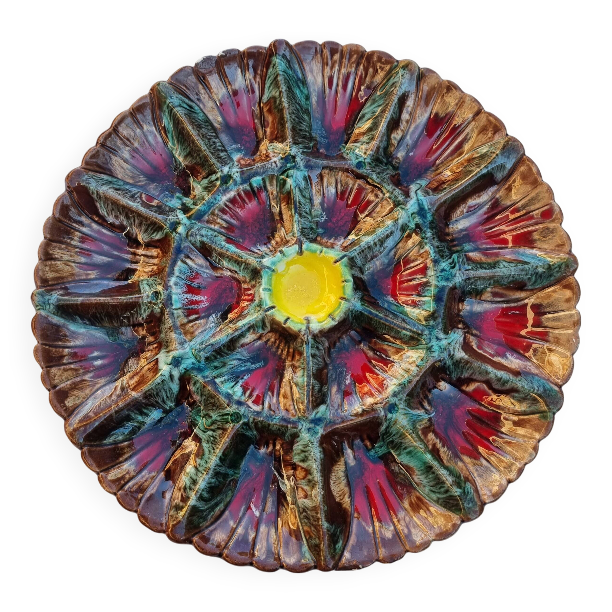 Handmade painted and glazed Barbotina ceramic oyster dish from Vallauris France ann