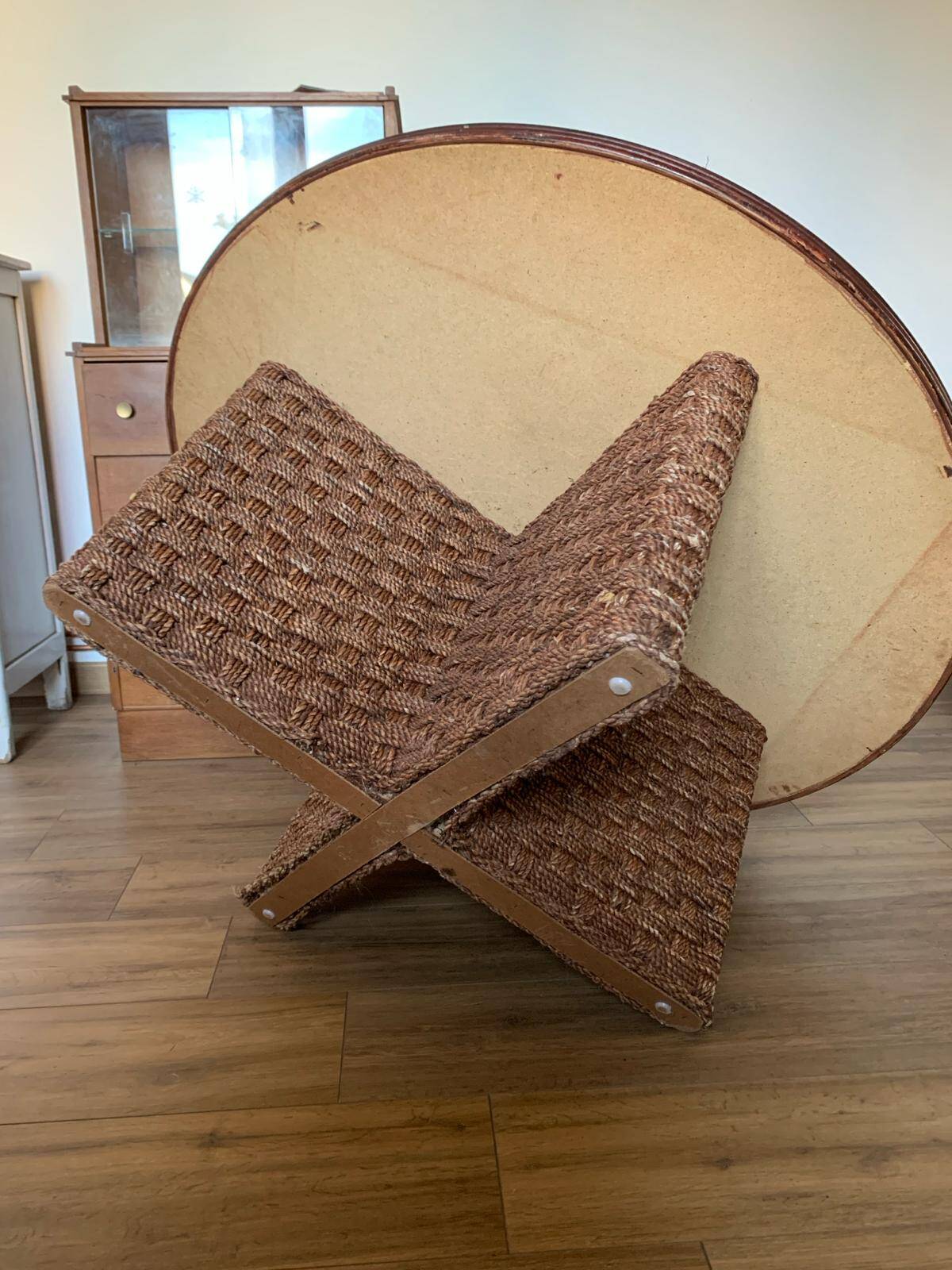 Vintage woven rope and rattan coffee table with 4 stools