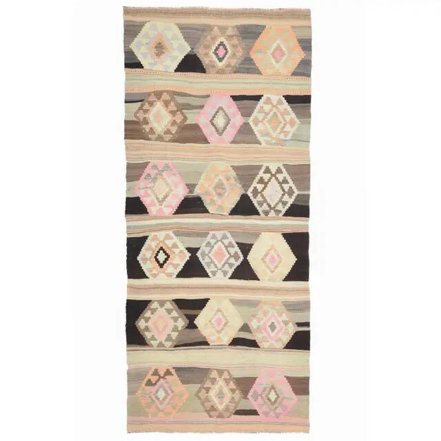 1970s Vintage Turkish Oushak Handmade  Tan Runner Rug  140x322