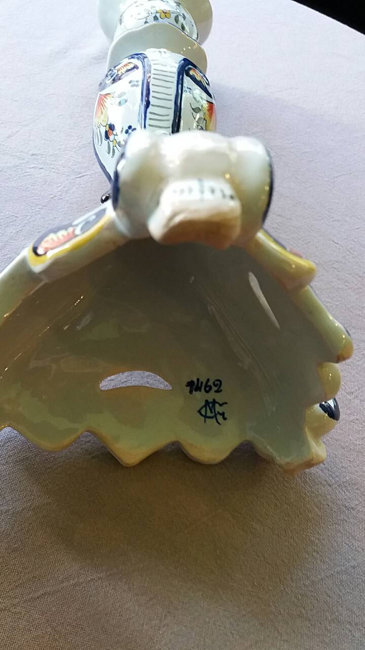 Old pair of candlesticks, earthenware, décor Rouen