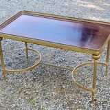 70s Neoclassical Style Coffee Table in Gilded Brass with Mahogany Veneer Top