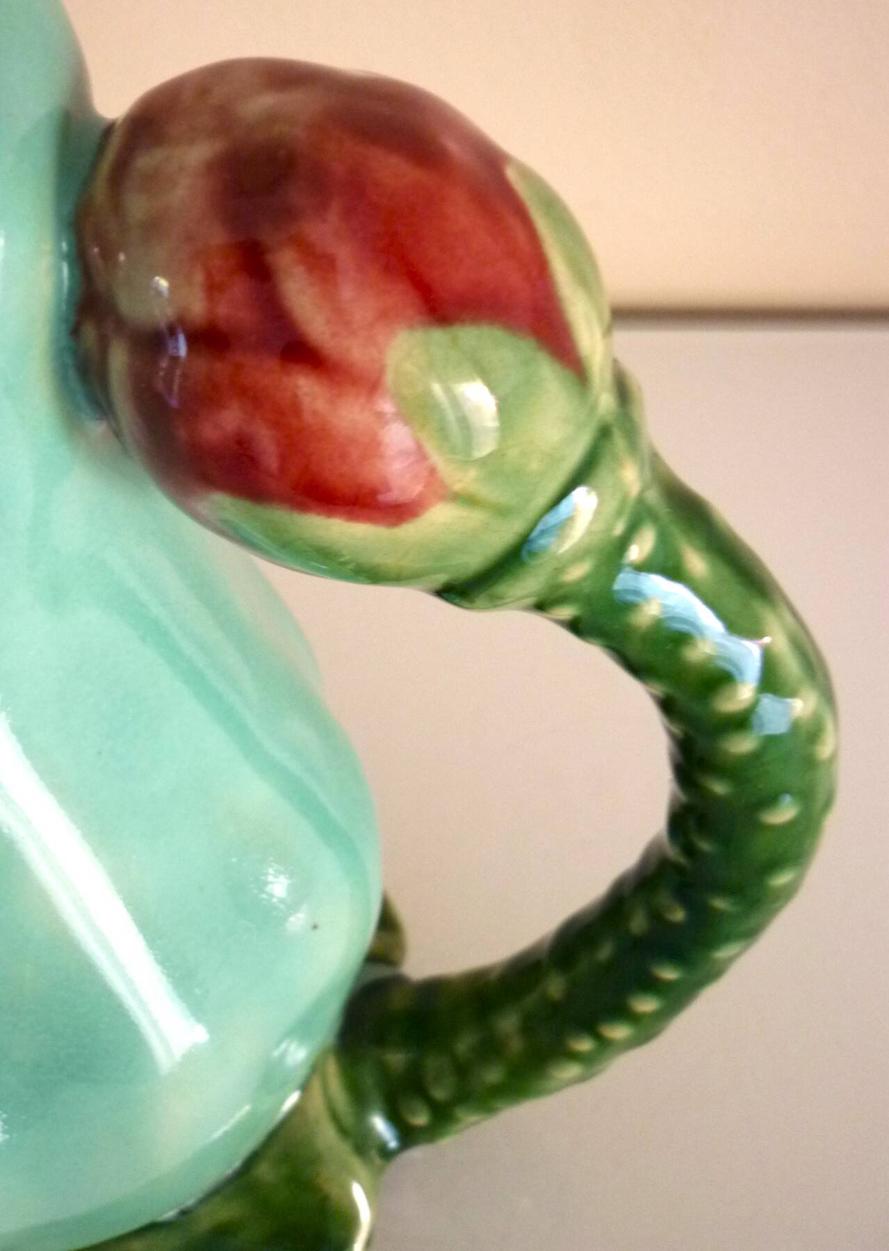 Frog pitcher, glazed ceramic, slipware, signed Athezza Franca