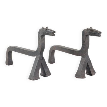 Pair of wrought iron fire dogs, 20th century.