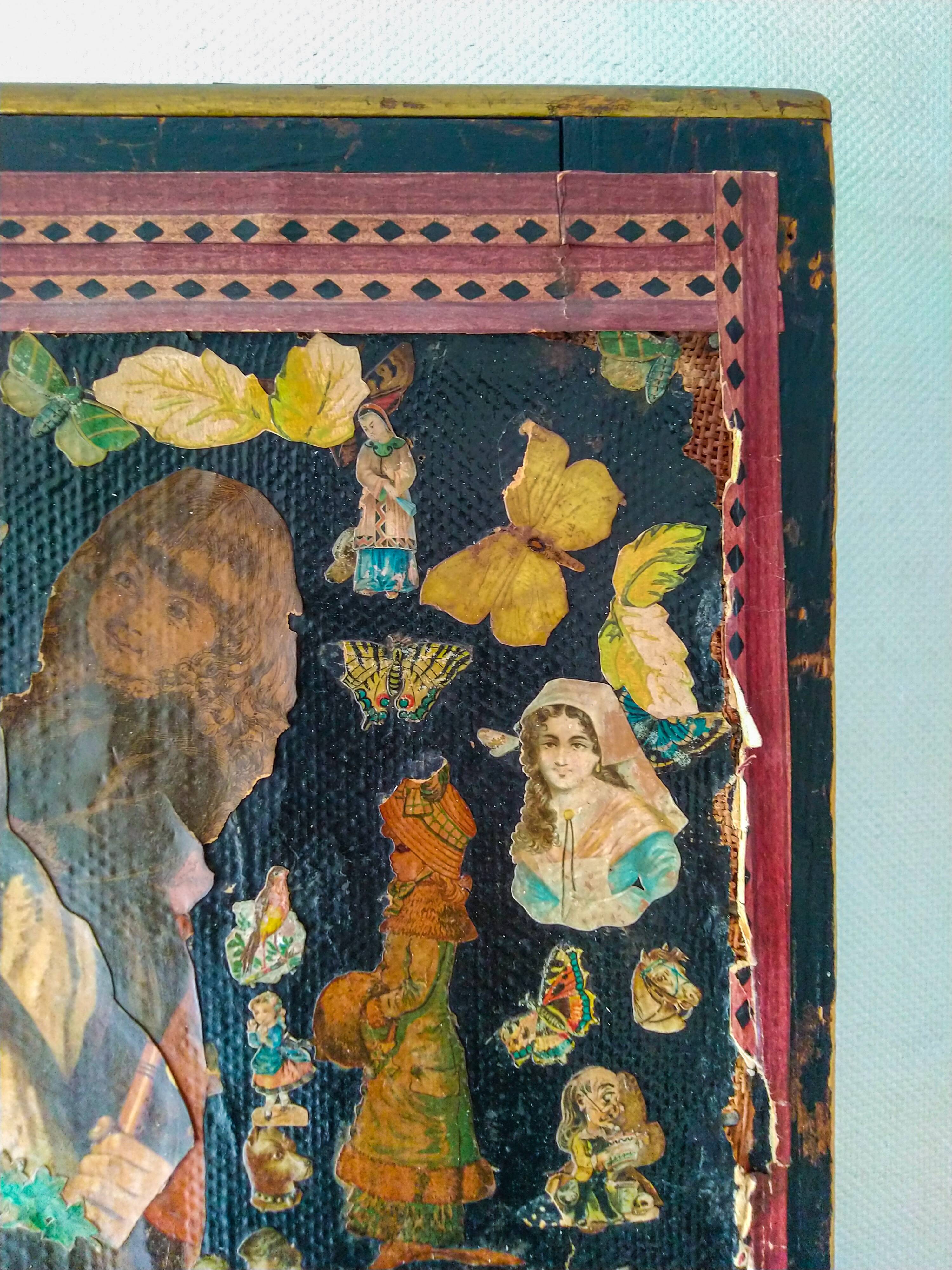 English Victorian 3-panel screen with varnished chromos